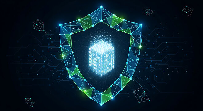 Abstract digital shield guarding binary data cube, cybersecurity