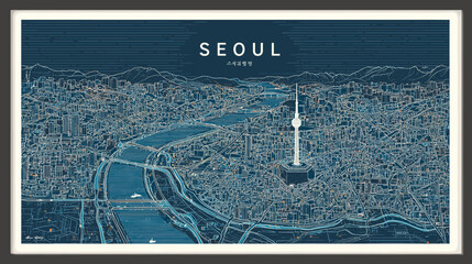 Detailed Seoul city illustration with map lines, river view, and iconic tower. Ideal for travel posters, urban artwork, tourism branding, and modern city design projects.