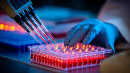 Scientist using multichannel pipette on microplate with red liquid gloved hands laboratory