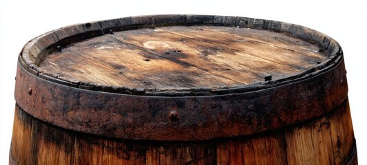 Fototapeta premium The barrel with rustic wooden top and aged metal hoops isolated on white
