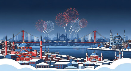 Fireworks over city skyline at night with bridge and buildings  