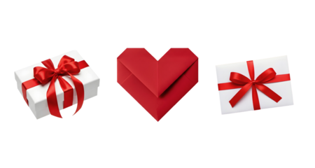 White gift boxes with red ribbon and origami heart, isolated on transparent background