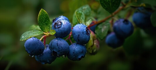 The Blueberry Cluster on Dewy Branch in Lush Green Garden Closeup