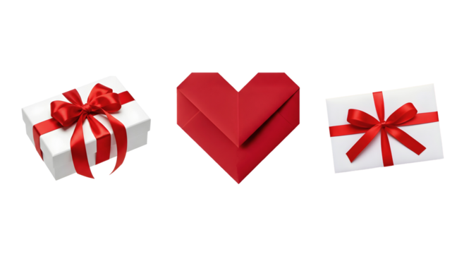 White gift boxes with red ribbon and origami heart, isolated on transparent background
