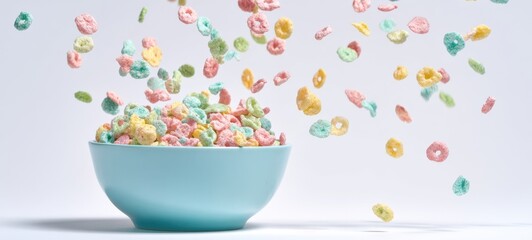 The Cereal Bowl with Colorful Floating Breakfast Loops in Midair
