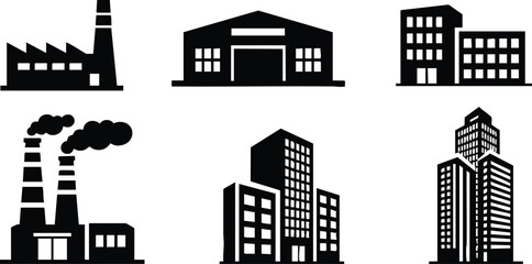Obraz premium Industrial factory and modern building icons vector set for urban and construction design projects