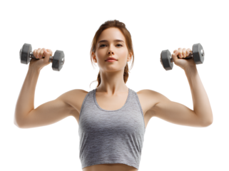 Fitness woman lifting dumbbells for biceps exercise isolated on transparent background cutout with copy space