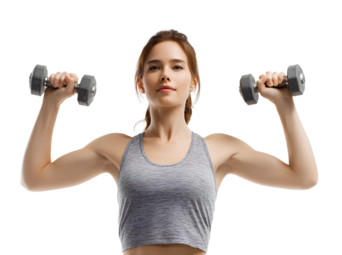 Fitness woman lifting dumbbells for biceps exercise isolated on transparent background cutout with copy space - Powered by Adobe