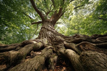 Obraz premium Looking Up at the Gnarled Roots and Trunk of a Large, Ancient Oak Tree in a Sunny Forest: Concept for Foundation, Ecology, and Resilience