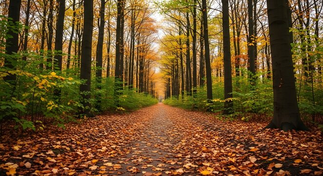 Autumn path covered in fallen leaves through a forest with tall trees on both sides of the pathway