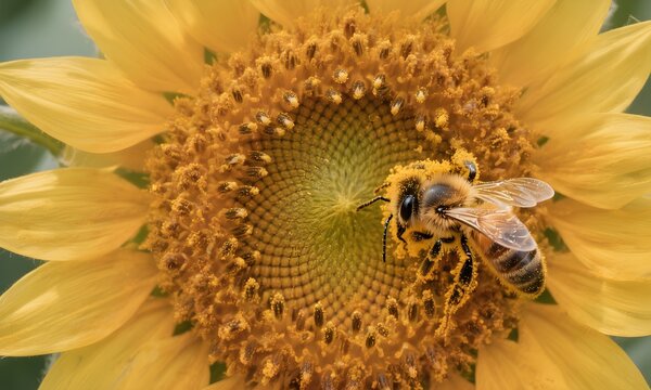 Macro Sunflower with Bee and Pollen - Powered by Adobe