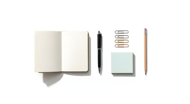 Overhead view of an open notebook pen paperclips sticky note and pencil on a white surface - Powered by Adobe