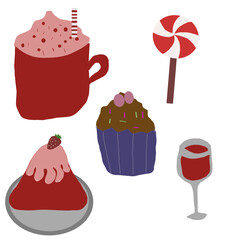 set of cakes and drink for Valentine's Day and Christmas