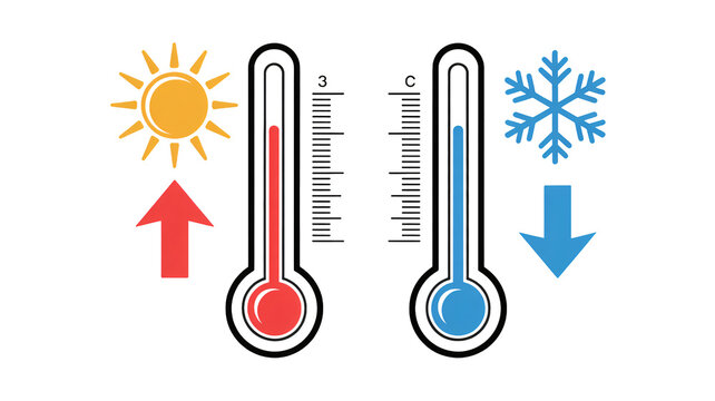 Illustrative hot and cold temperature change with thermometers, sun, snowflake, and arrows demonstrating weather fluctuations for science or weather apps
