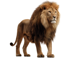 Majestic lion standing tall against transparent backdrop in a portrait studio shot showing its magnificent mane