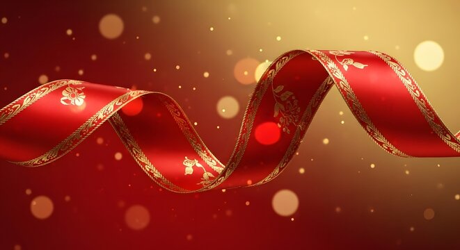 Merry Christmas holiday background with red ribbon, snow, snowflakes, and festive tree star ornament design - Powered by Adobe