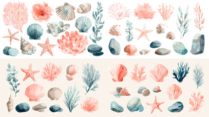 Soft watercolor coral, shells, stones, and marine plants in pastel hues. Ideal for coastal artwork, underwater themes, beach decor, and ocean inspired design elements.