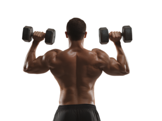Muscular man lifting dumbbells from behind during workout with transparent background in gym