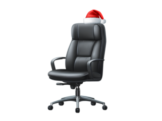 Office chair with santa hat isolated on transparent background representing holiday cheer in professional workspace celebration theme
