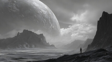 Solitary figure gazes at immense alien planet over rocky terrain alien landscape mountains
