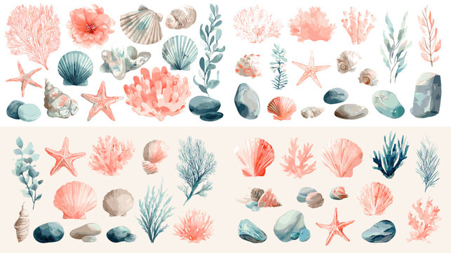 Soft watercolor coral, shells, stones, and marine plants in pastel hues. Ideal for coastal artwork, underwater themes, beach decor, and ocean inspired design elements.