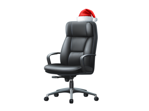 Office chair with santa hat isolated on transparent background representing holiday cheer in professional workspace celebration theme