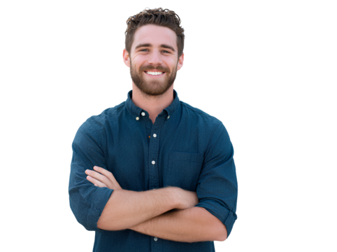 Portrait of young smiling man with beard and crossed arms in blue shirt standing studio handsome confident