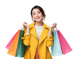 Smiling Asian Woman Wearing Yellow Jacket Holding Shopping Bags on Transparent Background 110 Characters