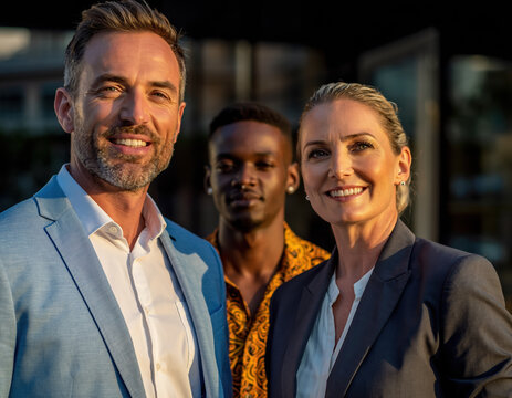 Smiling diverse business team standing outdoors at golden hour, professional colleagues in suit and patterned shirt expressing confidence and warmth - Powered by Adobe