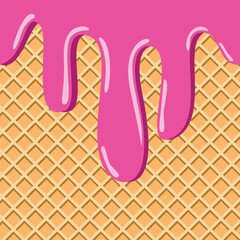 Pink Ice Cream Drip on Waffle Texture Background