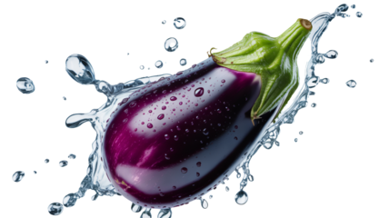 Fresh eggplant with refreshing water splash, showcasing vibrant color and healthy appeal for culinary presentations and creative food concepts with a clean look