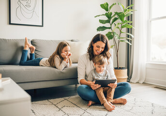 Smiling mother and son using a digital tablet on the floor while daughter relaxes on the sofa in a bright modern living room