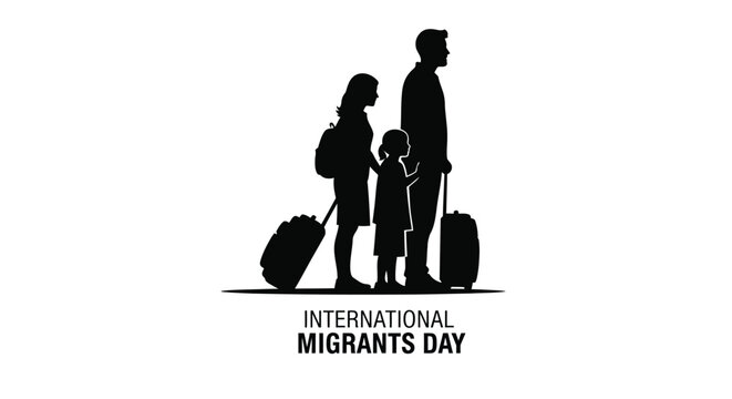Silhouetted family with luggage stands for international migrants day awareness and support