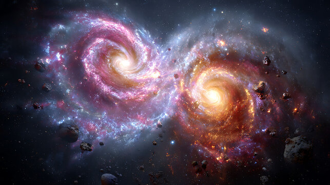 Swirling cosmic nebulae with celestial bodies and asteroids galaxies collision