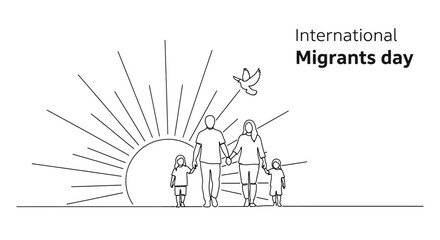 A sketch depicting a family silhouette with a dove celebrating international migrants day with rays of light