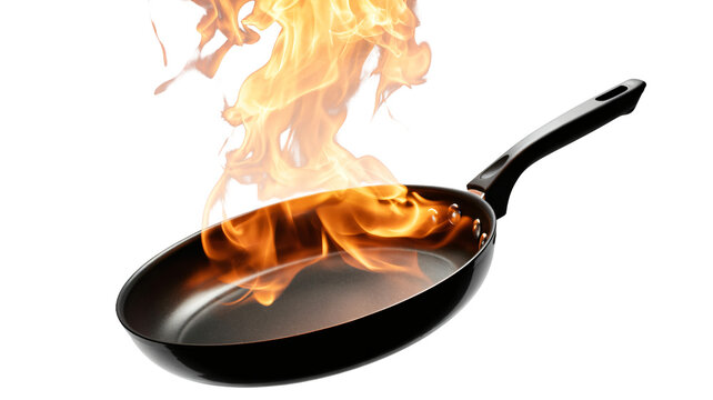 Sizzling skillet cooking over open fire flames, perfect for culinary creations, healthy recipes, and food preparation advertisements, bringing heat to your designs