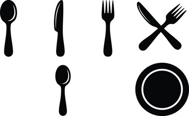 Black silhouette cutlery set with spoon knife fork and plate vector illustration kitchen utensils collection