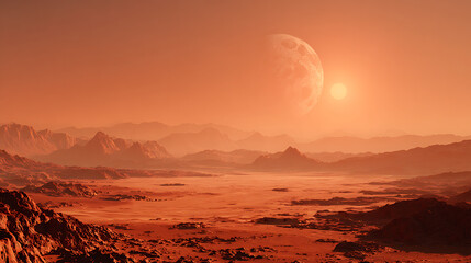 Vast alien landscape with rocky terrain distant mountains and celestial bodies in orange sky red planet