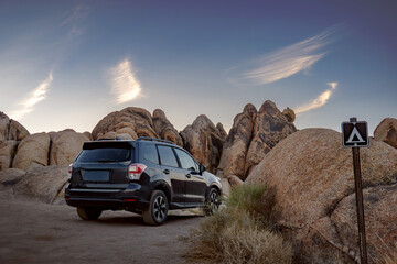 Camping SUV in a Rocky Landscape of Alabama hills California