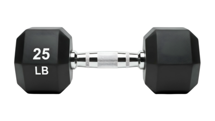 A horizontal close-up of a 25lb dumbbell with black ends and a silver handle
