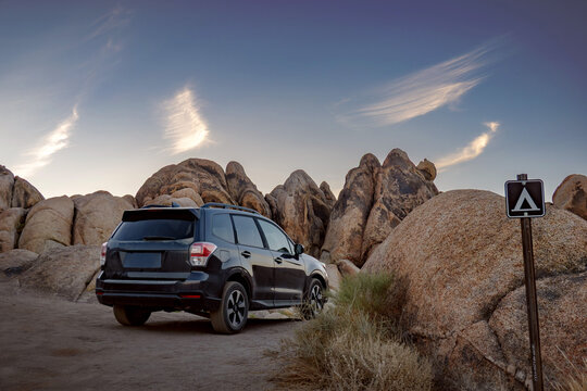 Camping SUV in a Rocky Landscape of Alabama hills California