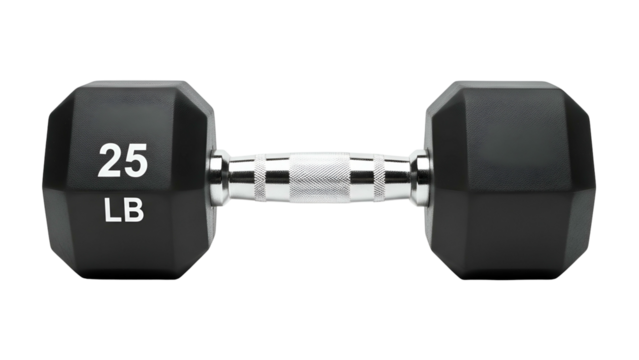 A horizontal close-up of a 25lb dumbbell with black ends and a silver handle