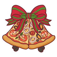 Christmas bell pizza icon with shrimp onions and ribbon cartoon graphic