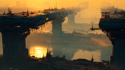 Vast futuristic industrial structures over water at sunset bridges towers