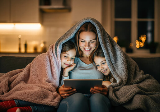 Smiling mother and two daughters watching a movie on a tablet under a warm blanket at home at night