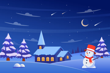 Naklejka premium A serene winter night scene with a snow-covered light blue church and a cheerful snowman under a dark sky with a crescent moon and shooting stars. Vector illustration.