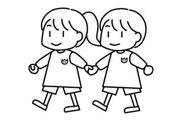 手をつないで歩く女の子と男の子の線画イラスト
