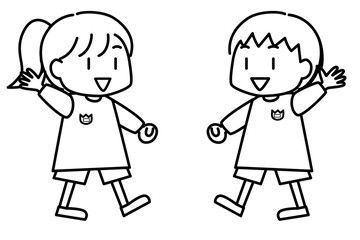笑顔で手を振る子供たち（バイバイ）の線画イラスト