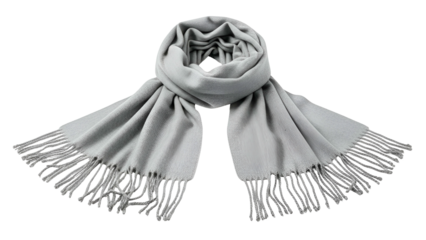 Light grey scarf with fringe laid out against a transparent background