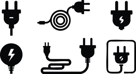 Electric power plug icons vector set with cable and socket symbols for energy and electricity usage designs